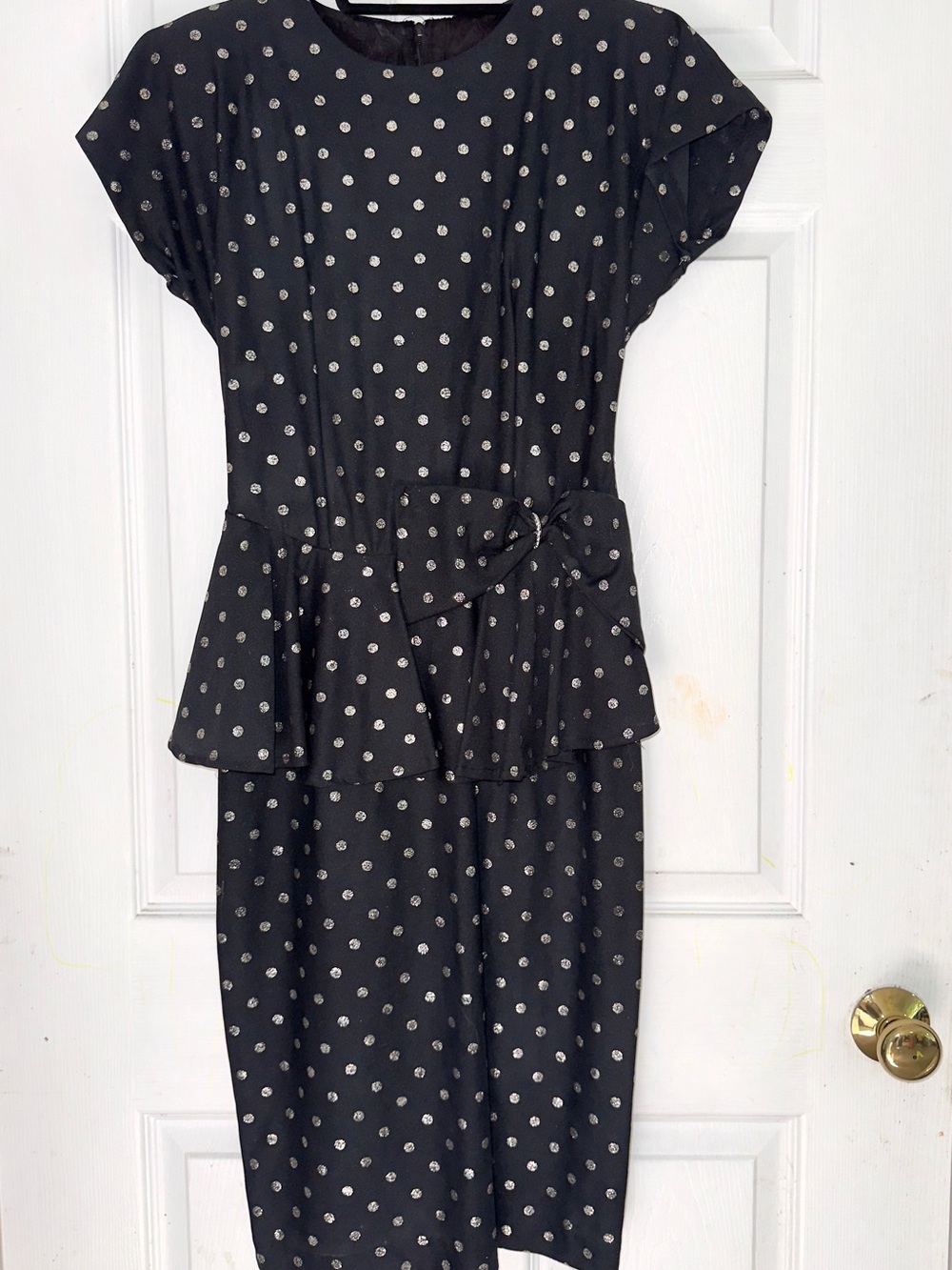 Vintage ifi Black Silver Glitter Polka Dot Peplum Dress - 7/8